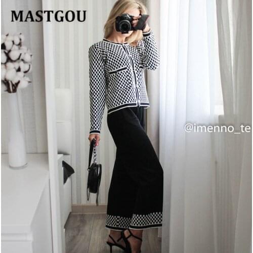MASTGOU Two Piece Set Single Breasted Cardigan Sweater Tracksuit Striped Plaid Women Knit Wide Leg Pants Suit 2 Piece Sets Femme