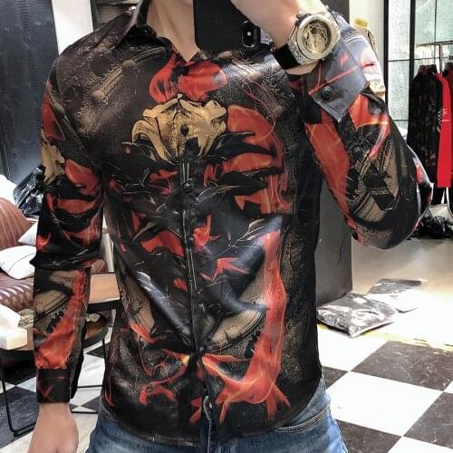 Luxury Personality Long Sleeve Black Gold Floral Shirt High Quality 2021 Spring Social Men Slim Gold Rose Printing Dress Shirts