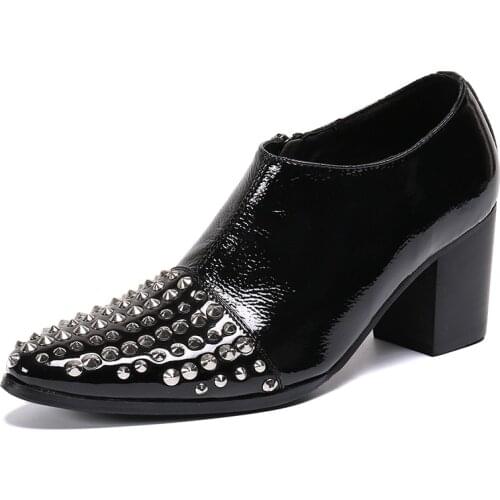 New Classic Man Formal Dress Genuine Leather High Heels Oxfords rivets studded Pointed Toe Height Increase Mens Handmade Party