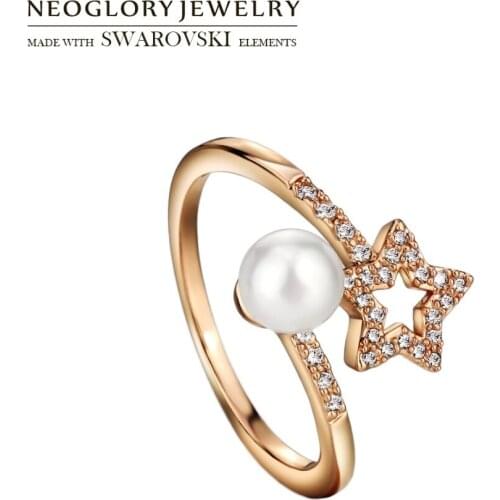 Neoglory Zircon & Simulated Pearl Adjustable Finger Ring Graceful White Star Stylish Lovely Classic For Wedding Women Gift