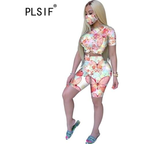 2020 new style beautiful design women clothing o-neck short sleeve crop top and high waist tight shorts 2 piece set chic outfit