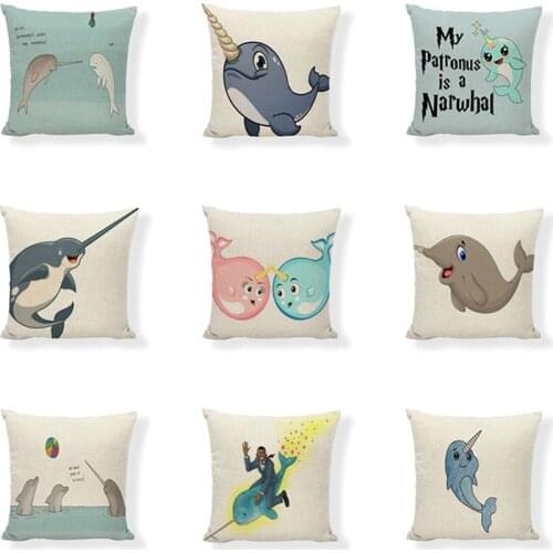 Wholesale Lovely Narwhal Cushion Cover 45*45cm Linen Car Seat Decor Pillowcase Home Living Room Sofa Chair Decor Pillowcover