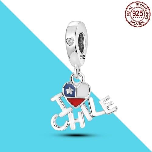 I Love Chile 925 Silver Dangle Charms Fit Original Pandora Bracelet DIY For Fine Jewelry Making Heart National Flag Letter Charm