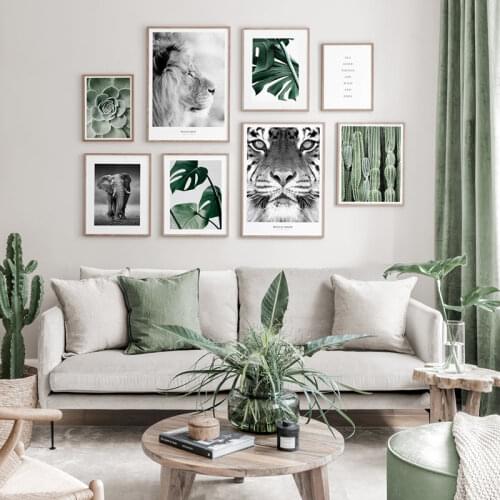 Monstera Leaf Cactus Elephant Lion Tiger Poster Nordic Decor Canvas Painting Wall Art Pictures for Home Living Room Decoration