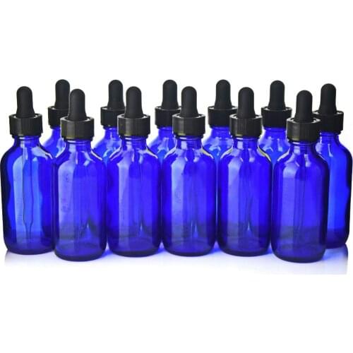 12pcs 2 Oz 60ml Cobalt Blue Glass Eye Dropper bottles with pipettes for essential oils lab chemicals empty cosmetic containers