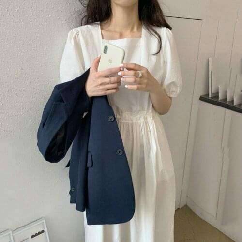 Women Summer White Cotton Elegant High Waist Long Dress Square Collar Puff Sleeve Drawstring Midi Sundress Solid Color