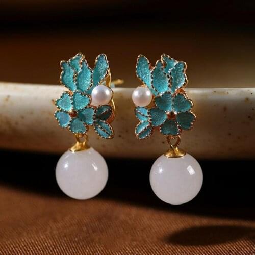 Silver Cloisonne Earrings gilt enamel Plum Blossom Jade Pendant Chinese retro style womens elegant brand jewelry