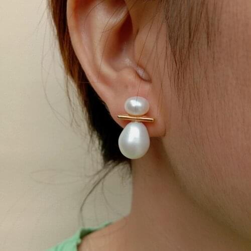 YYGEM Natural Cultured Pearl White Semi Round Pearl And Rice Freshwater Pear Gold plated Stud Earrings