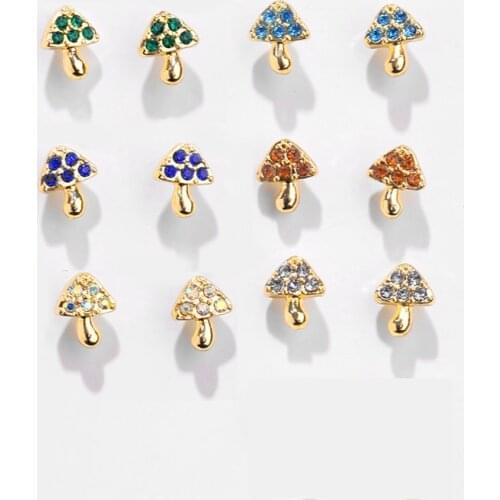 6pair/set New Multicolor Rhinestone Crystal Small Mushroom Stud Earrings for Women Girls Simple Cute Mini Plant Earring Jewelry