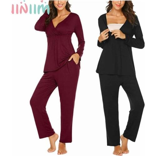 Maternity Pajamas Breastfeeding Pregnant Women Nursing Pajama Sets V-neck Tops Adjustable Pants Sleepwear Pregnancy Nightgowns