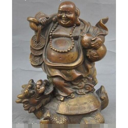 YM 316 8" china buddhism bronze Stand Dragon turtle wealth maitreya buddha money statue