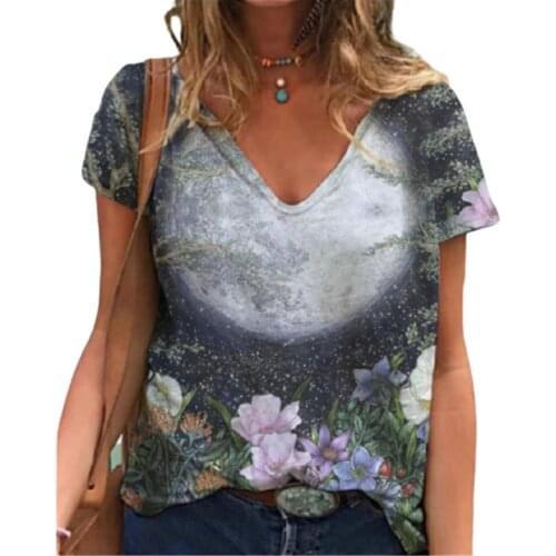 Women Floral Print T Shirts Fashion Short Sleeve V-Neck Casual Loose Tops Ladies Summer Plus Size Cotton Shirt 2021 New Clothes