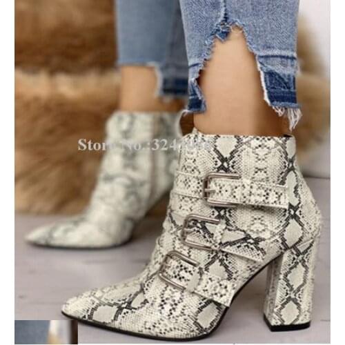 Snakeskin Buckle Strap Chunky Heel Woman Ankle Boots Sexy Pointed Toe Printed Python Short Boots Ladies Large Size Banquet Shoes
