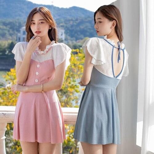 2021 New Korean One Piece Swimwear Swimsuit Women Sexy Solid Bathing Suit Push Up Padded Swimming Suit Beachwear Swimskirt