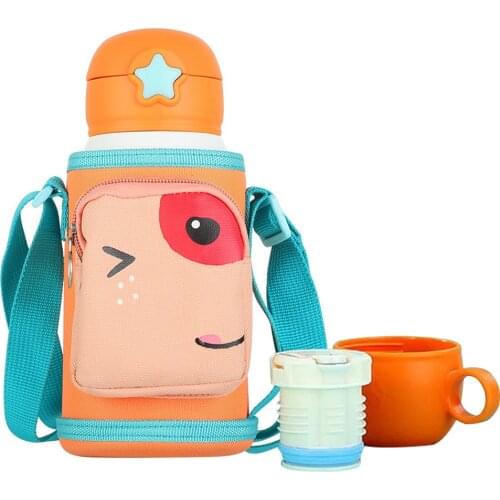550ml Cartoon Drink Cup with Straws Outdoor Portable Backpack Water Bottle With Storage Bag 304 Stainless Steel Water Bottle