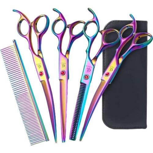 7.0 Inch Baking Paint Pink Up And Down Curved Hair Thinning Cutting Comb With Bag Professional Set Scissors Shears