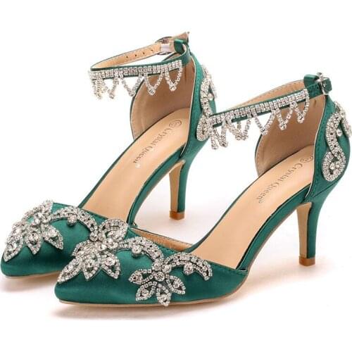 Women Sandals Shoe 7.5CM High Heel Bling Pointed Toe Buckle Summer New Sexy Fashion Casual Wedding Black Red Green Shoes