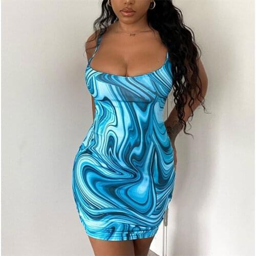 CHRONSTYLE Women Sexy Bodycon Halter Short Dress Tie-Dyed Print Sleeveless Backless Mini Pencil Dress Club Party Y2K Streetwear