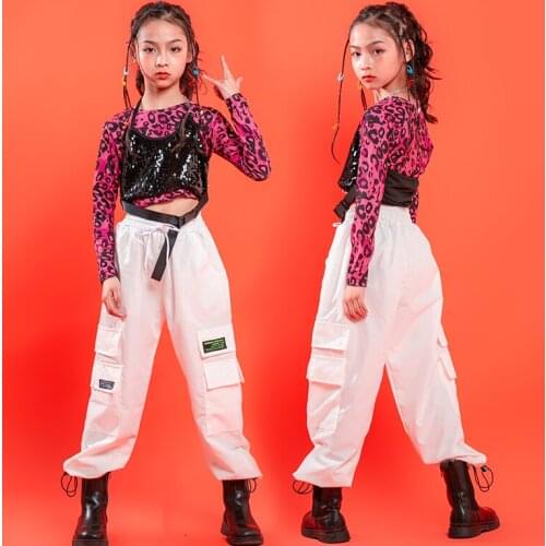 Kids Hip Hop Show Clothing Leopard Crop Sequin Tank Top Streetwear Tactical Cargo Pants For Singers Girl Dance Costume Clothes