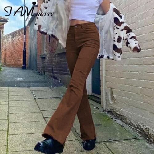 Stretchy Brown y2k Vintage Flared Denim Jeans Women Casual Basic Fashion High Waist Aesthetic Harajuku Streetwear Pants Iamhotty