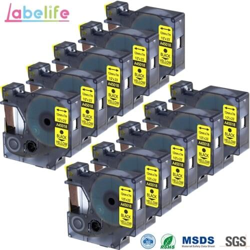 Labelife 10 Pack 45018 Black/Yellow 12mm Compatible for DYMO D1 Electronic Tape multipurpopse self-adhesive D-1 Tape Cartridges