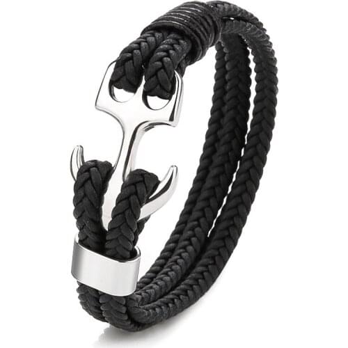 European and American mens Titanium Steel Bracelet Black Leather woven anchor stainless steel bracelet leather rope