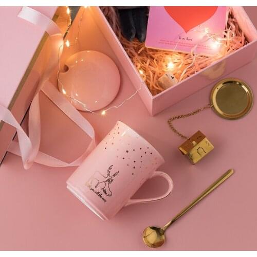 Porcelain Cup Starry Sky Elk Mug with Spoon Lid Tea Set Coffee Novelty Big Large Latte Gift