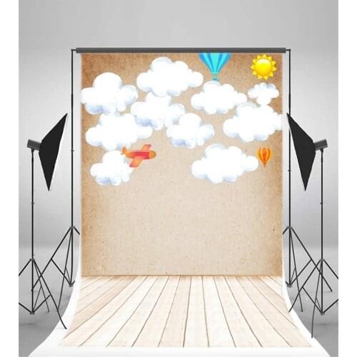 Photography Backdrop Cartoon White Clouds Background with Airplane Wooden Floor