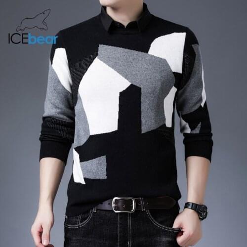 ICEbear 2021 Fall New Products Mens Long Sleeve Shirt Collar Pullover Sweater Stitching Pattern Casual Mens Wear 1929