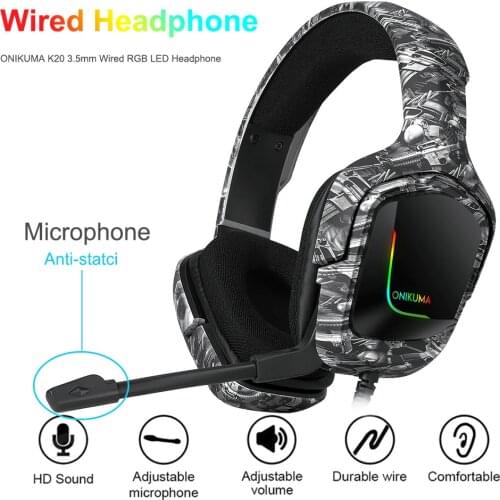 ONIKUMA K20 RGB Backlight Gaming Headset 3.5mm Wired Headphone with Microphone for Computer Tablets Smartphone