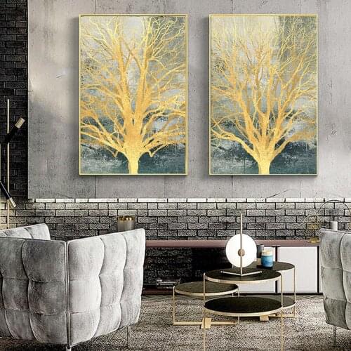 Nordic Style Abstract Golden Tree Oil painting on Canvas Art Posters and Prints Wall Picture for Living Room Cuadros Decoracion