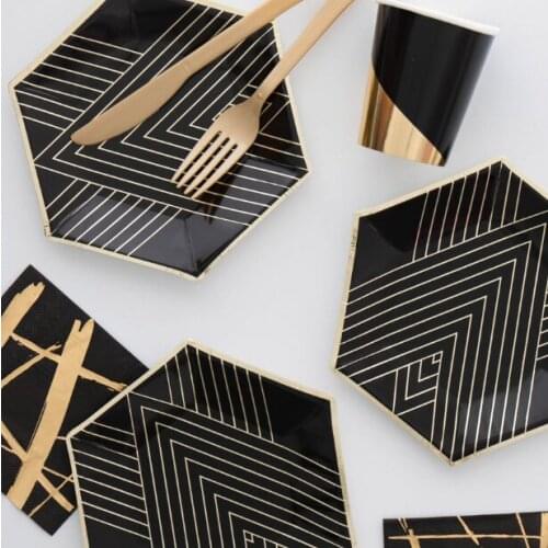 Hexagon plates gold striped ceramic dinner plates