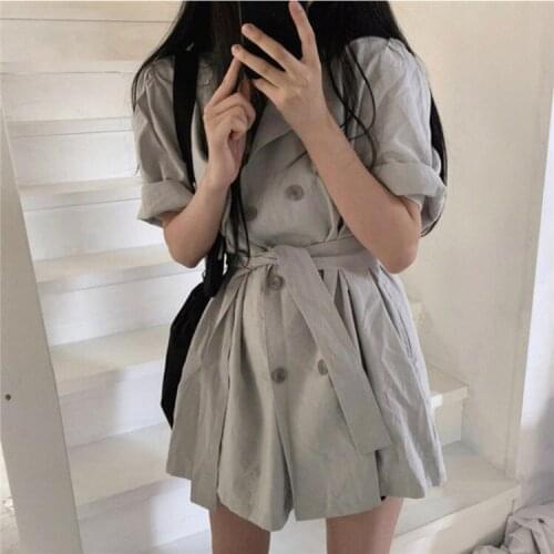 Korean version of ins western style high gray double-breasted waist tie short dress jacket
