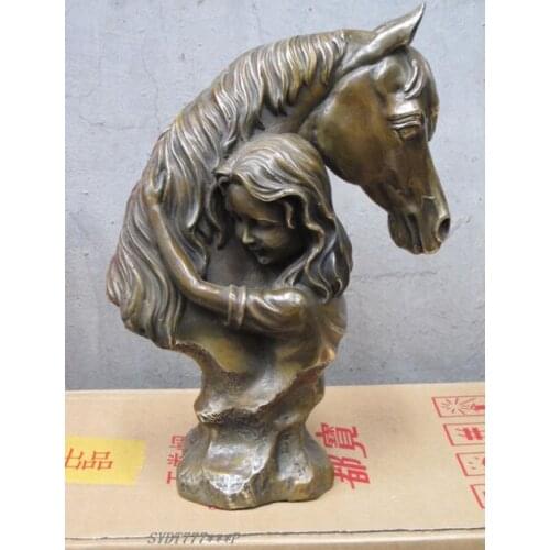 12.5" Beautiful Pure Bronze ART sculpture Horse riders caress the horse head St Garden Decoration 100% real Brass Bronze
