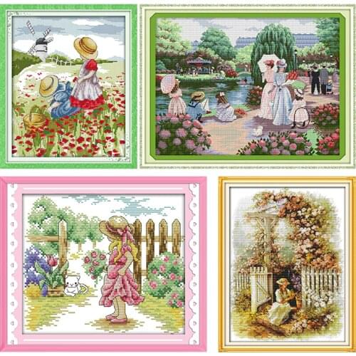 Garden Girl Series DIY 14CT printed parterns Cross Stitch kits DMC fabric on canvas Chinese Embroidery sets for Home decorations