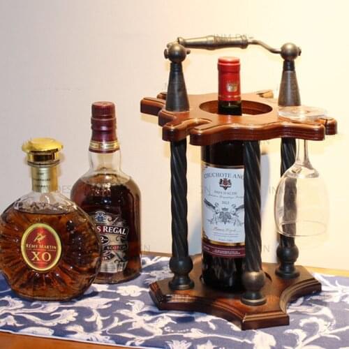 Tabletop Wood Metal Wine Holder Vintage Style Countertop Wine Rack Hold 1 bottle and 4 Glasses Home Decor & Kitchen Storage Rack