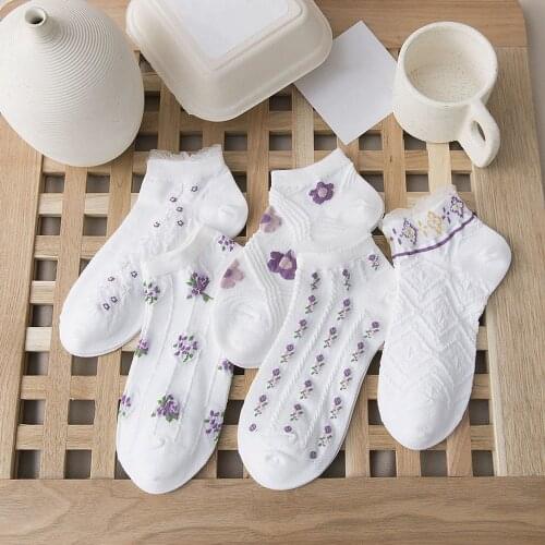Lolita Lace Ruffle Socks Summer Mesh Breathable Low Cut Ankle Socks Floral Print Japanese Cute Harajuku Streetwear Short Socks