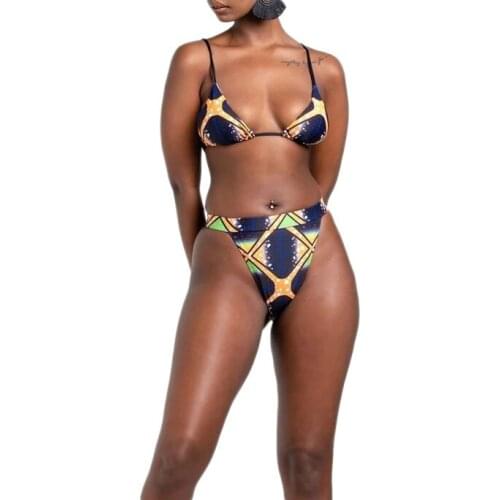 Newest Arrival Women Retro Buckle Triangle Push Up High Waisted Scuba Bikini Set Female Summer Floral Briefs Swimsuit Swimwear