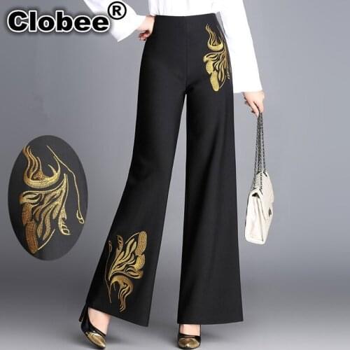 Office Women Lolita Wide Leg Pants 2019 High Waist Elegant Casual Tunic Embroidery Retro Office Wide Leg Pants Big Size H148