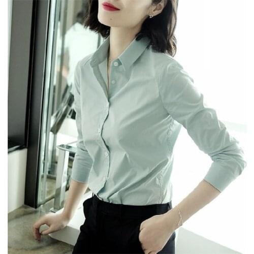 Cotton 100% Solid Women Shirts Summer New 2021 Turn-Down Collar Office Lady Slim Long-Sleeved Work All Match Shirts Tops