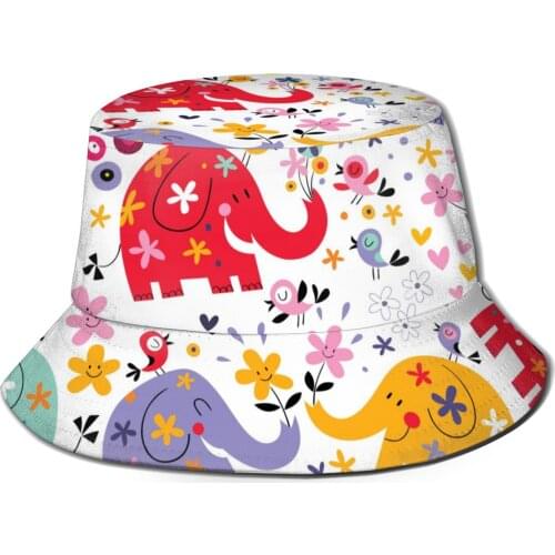CINESSD Cute Elephants Birds Flowers Unisex Casual Sun Hat Bucket Hat for Men Women Bob Hip Hop Caps Summer Fisherman Hat Panama