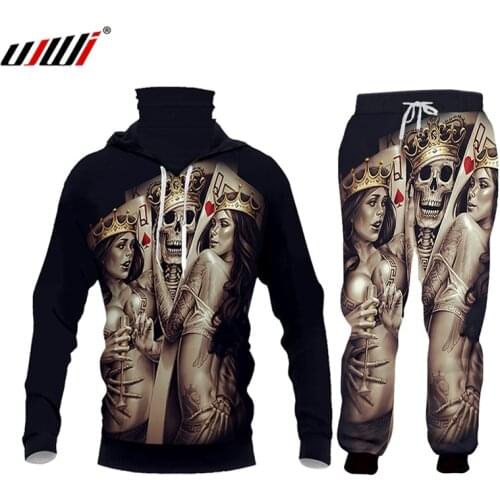 UJWI 2020 Sportswear Two-piece Mens Set Stand-up Collar Poker Skull Male Suit Spring Autumn Long-sleeved Jacket Pants