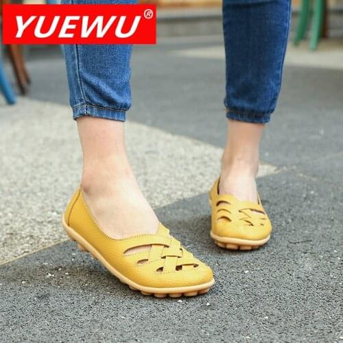 YUEWU Large Size Hollow Out Set Foot Soft Sole Bird’s Nest Shoes Antiskid In Summer Women’s Genuine Leather Loafers