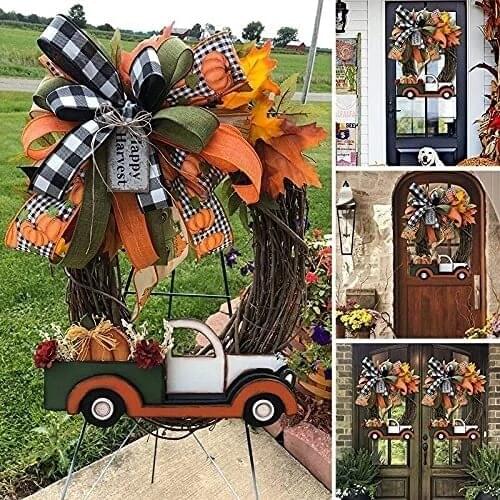 Pumpkin Truck Wreath Fall Wreath For Front Door Farm Fresh Sign Autumn Wreath Decoration Halloween Stolen Wreath Doorplate Decor