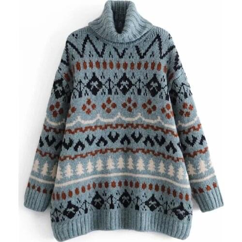 Women Vintage Turtleneck Color Matching Print Casual Loose Knitting Sweater Female Long Sleeve Chic Pullovers Tops