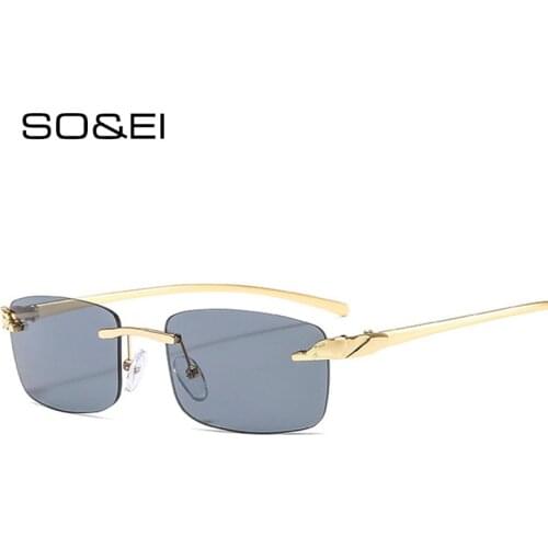SO&EI Vintage Unique Cheetah Rimless Rectangle Sunglasses Women Candy Colors Clear Lens Eyewear Brand Designer Men Sun Glasses