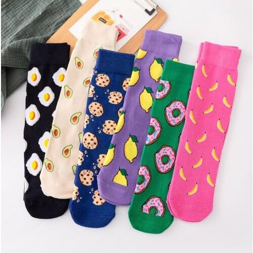 Women Socks Funny Cute Cartoon Fruits Banana Avocado Lemon Egg Cookie Donuts Food Happy novelty Foot skateboard Sock calcetines
