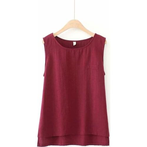 Plus size sleeveless cotton and linen women loose tank tops 2020 new summer casual ladies soft t shirts female tops wine navy