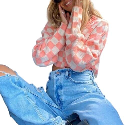 Women’s Casual Long Sleeve Sweater Fashion Contrast Color Plaid Exposed Navel Knitted Tops Spring Autumn