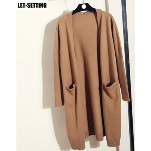 New arrival spring autumn winter Korean women long sleeve loose knitted v-neck sweater pocket cardigan long jacket
